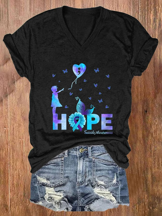 Women's Hope Suicide Prevention Print Casual T-Shirt