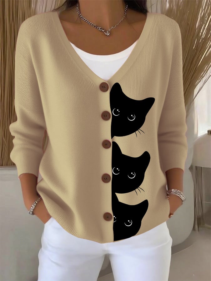 Women's Halloween Fun Black Cat Print Cardigan Sweater