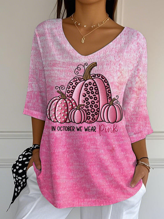 Women'S In October We Wear Pink Pumpkin Print T-Shirt