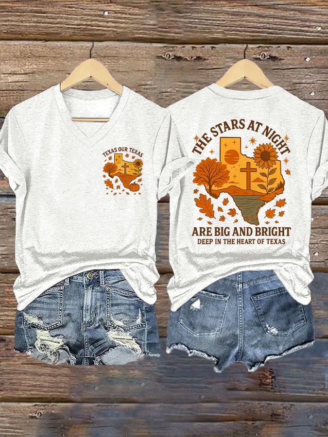 V-Neck Retro Texas Fall Strong Texas Our Texas The Stars At Night Are Big And Bright Deep In The Heart Of Texas Print T-Shirt