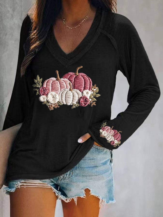 Women's casual pink pumpkin long-sleeved T-shirt