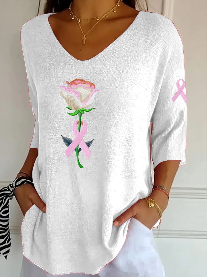 Women's Breast Cancer Embroidery Floral Print Striped Fabric Casual V-Neck Mid Sleeve T-Shirt