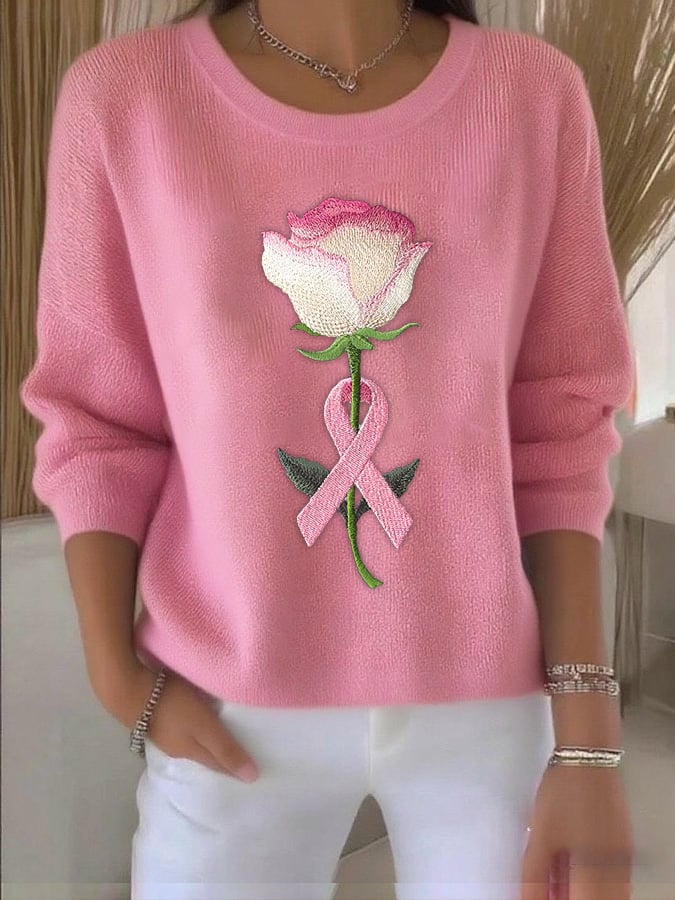 Women's autumn and winter basic breast cancer embroidered floral print long-sleeved knitted top