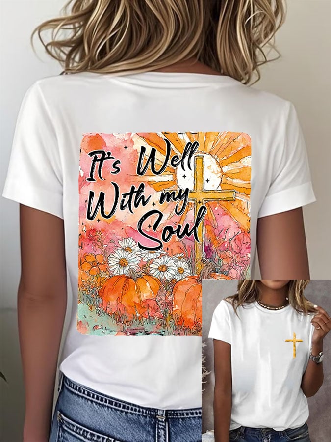 Women's Retro Fall Bible Its Well My Soul Print T-Shirt