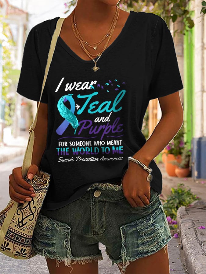 Women's V-Neck Suicide Prevention Awareness Print Casual T-Shirt