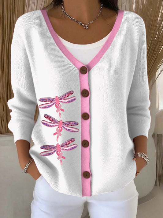 Women's Breast Cancer Dragonfly Ribbon Thick Needle Straight Cardigan