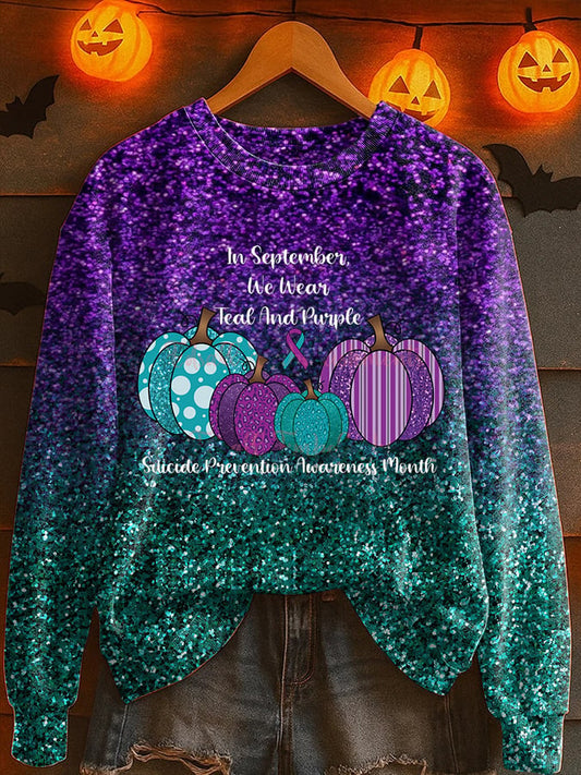 Women's In September We Wear Teal And Purple Suicide Prevention Awareness Print Round Neck Sweatshirt