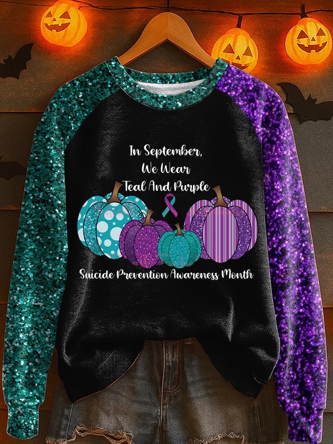 Women's In September We Wear Teal And Purple Suicide Prevention Awareness Print Raglan Sleeve Sweatshirt