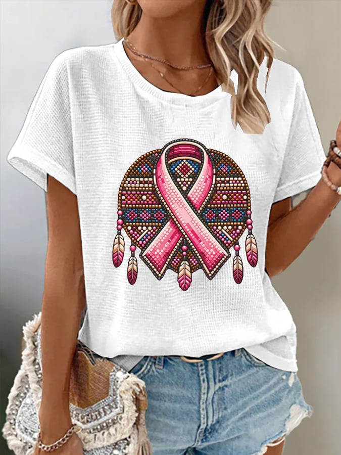 Women's Casual Breast Cancer Feather Waffle Crew Neck T-Shirt