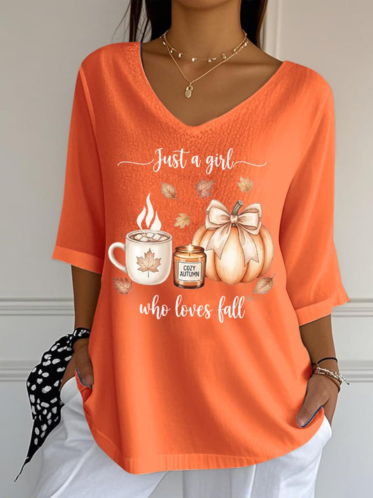 Women's Just A Girl Who Loves Fall Print Mid-Sleeve Casual T-Shirt