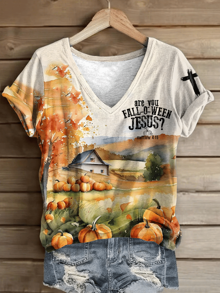 Women's Casual Vintage Autumn Are You Fall-O-Ween Jesus?  Print T-Shirt