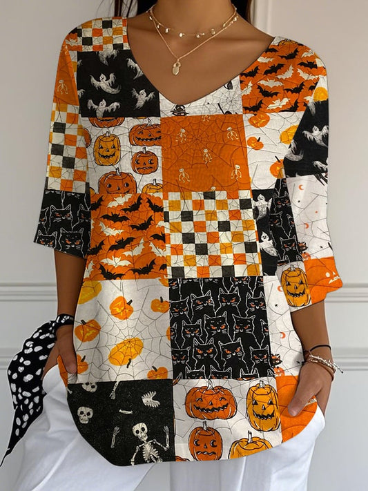 Women's Casual Autumn Patchwork Bubble Wrinkle Cotton And Linen Top