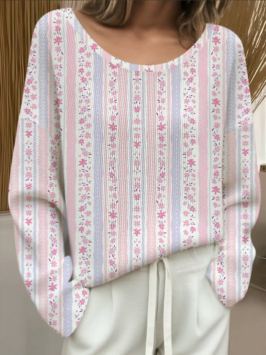 Women's Breast Cancer Flowers Print Drop Shoulder Sweater