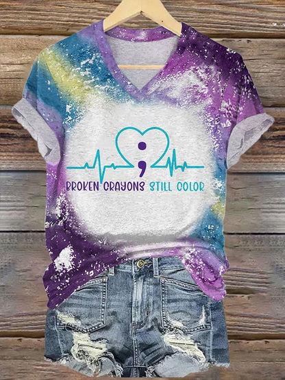 Women's Broken Crayons Still Color Suicide Prevention Awareness Print T-Shirt