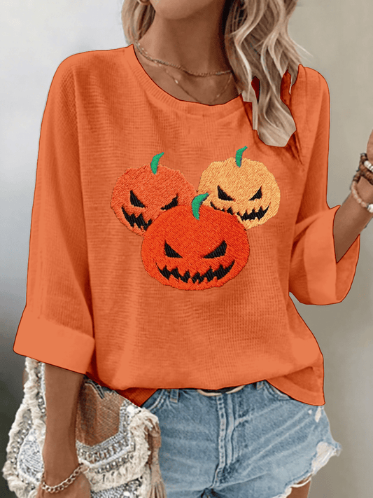 Women's Pumpkin Face Print 3/4 Sleeve T-Shirt