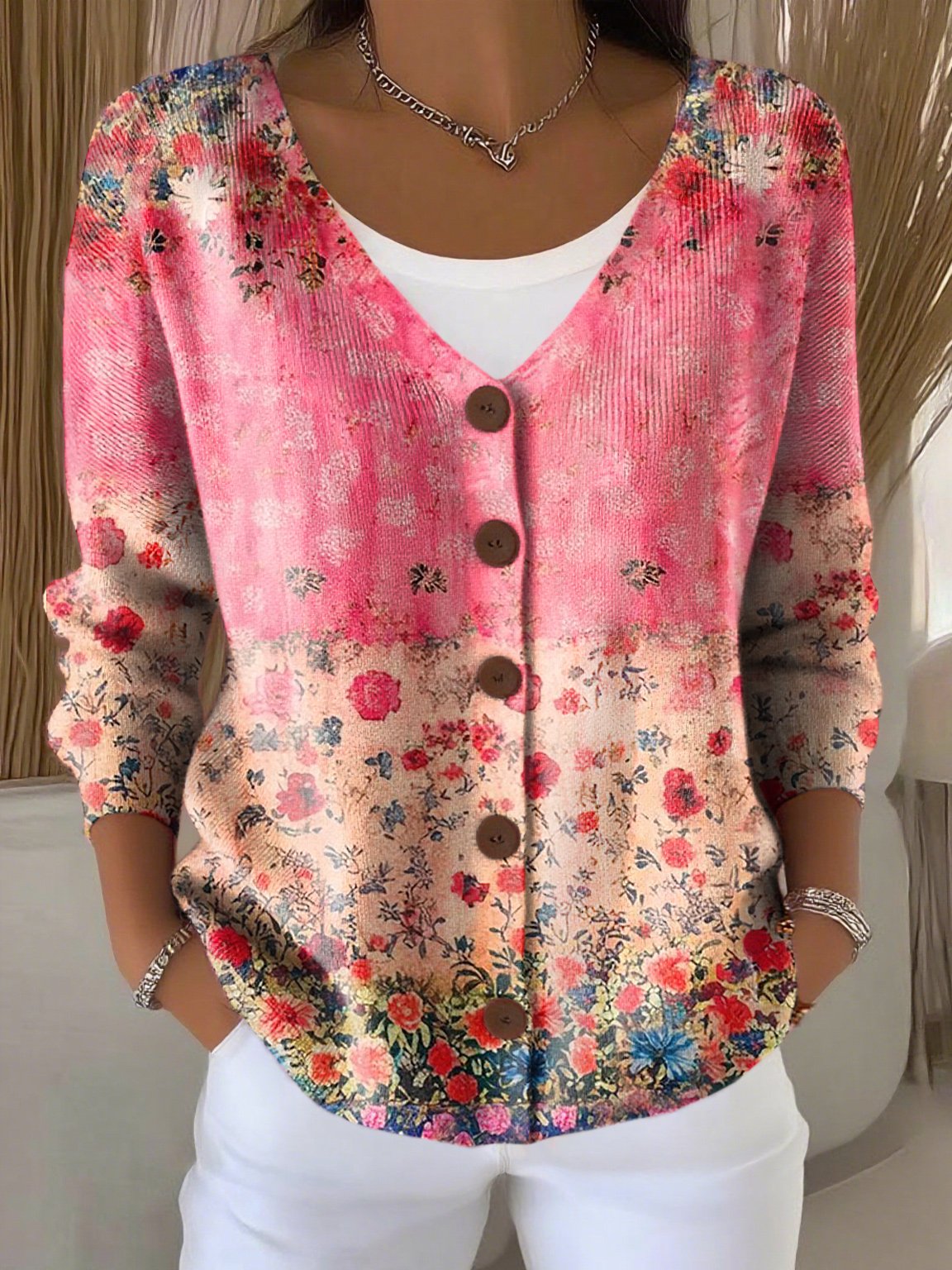 Women's Casual Retro Plant Pattern Ribbed Cardigan