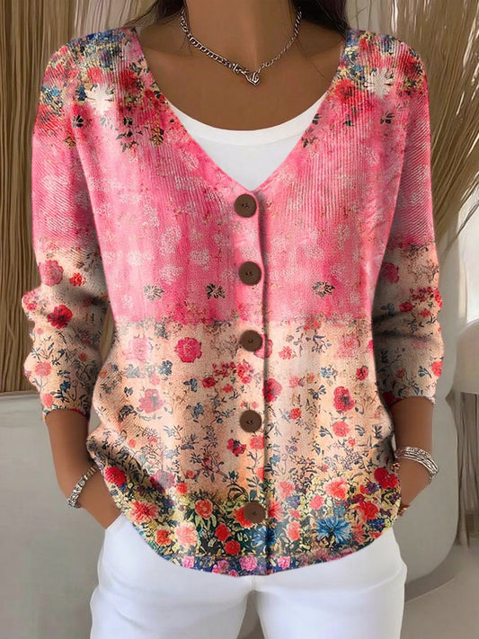 Women's Casual Retro Plant Pattern Ribbed Cardigan