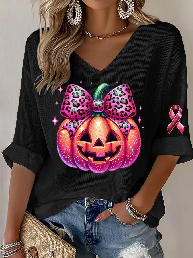 Women's Casual Breast Cancer Awareness Pumpkin Long Sleeve T-Shirt