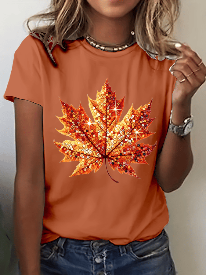 Women's Autumn Sequin Maple Leaf Print Crew Neck T-Shirt