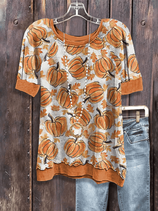 Women's Fall Pumpkin Floral Print Casual T-Shirt
