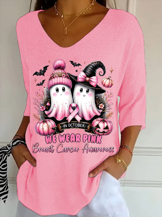 Retro In October We Wear Pink Ghost Witch Breast Cancer Awareness Printed T-Shirt