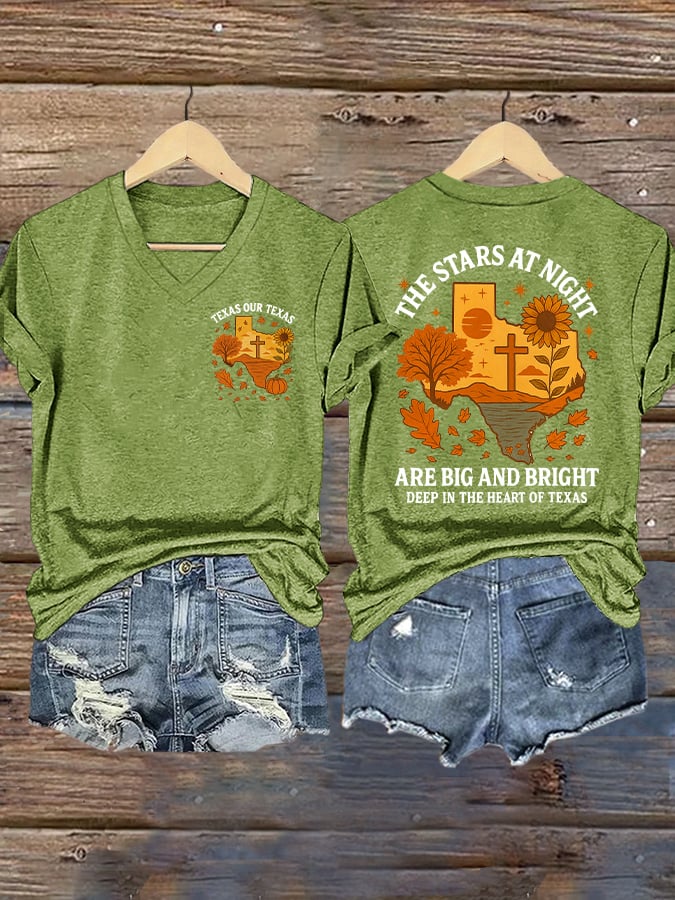V-Neck Retro Texas Fall Strong Texas Our Texas The Stars At Night Are Big And Bright Deep In The Heart Of Texas Print T-Shirt