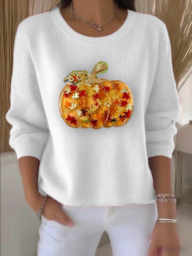 Women's Casual Maple Leaf Pumpkin Autumn Striped Round Neck Long Sleeve Top