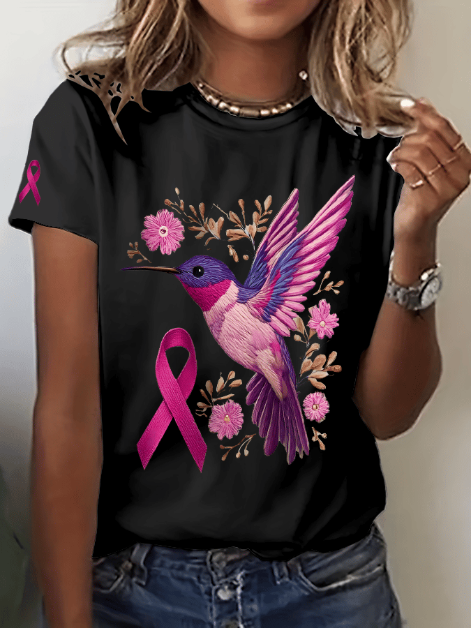 Women's Breast Cancer Hummingbird Print Crew Neck T-Shirt