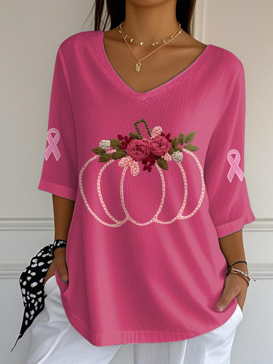 Women's Pink Pumpkin Ribbon Print Mid Sleeve T-Shirt