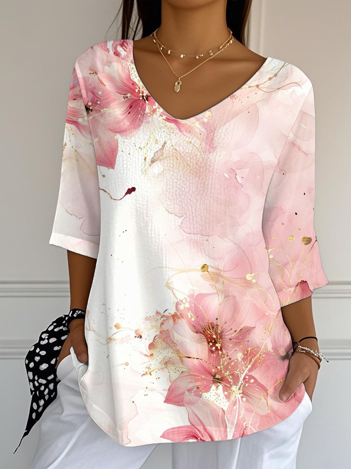 Women's Summer Pink Gradient Flower Print Top