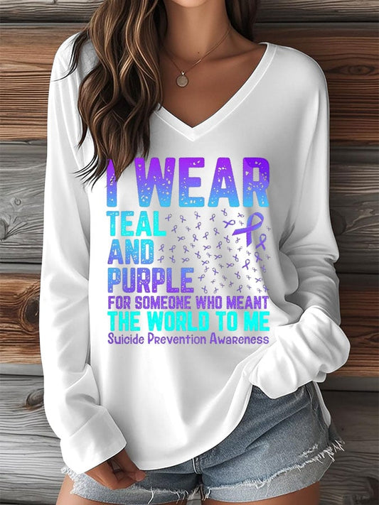Women's Mental Health Print V-Neck Long Sleeve T-Shirt