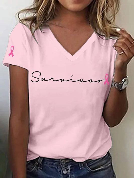 Women's Breast Cancer Awareness Graphic Print V-Neck Short Sleeve Comfortable T-Shirt