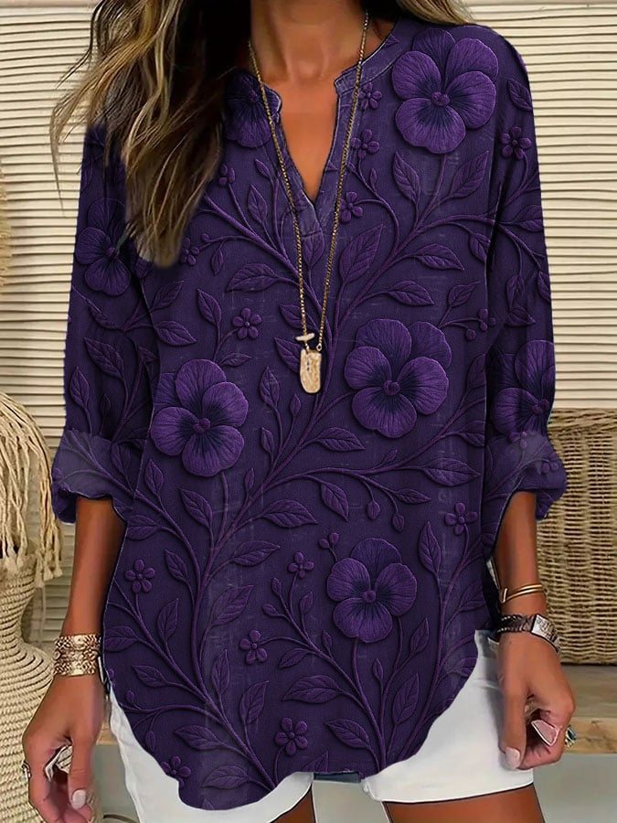 Women's Pansy Unconditional Love Print Cotton and Linen T-shirt