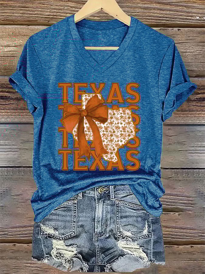 V-Neck Retro Burnt Orange Texas Coquette Bow Print T-Shirt