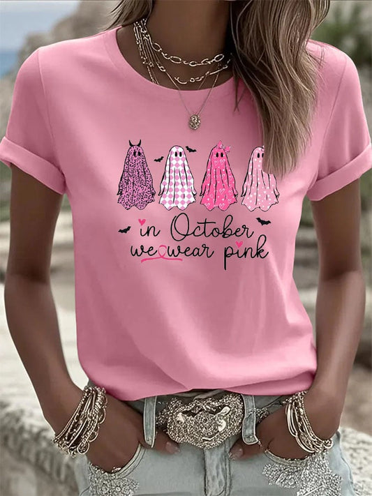 Women's In October We Wear Pink Ghosts Printed Casual T-Shirt