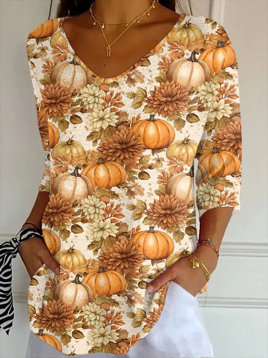 Women's Autumn Faith Pumpkin Stripe Fabric Casual V-neck Mid-sleeve T-shirt