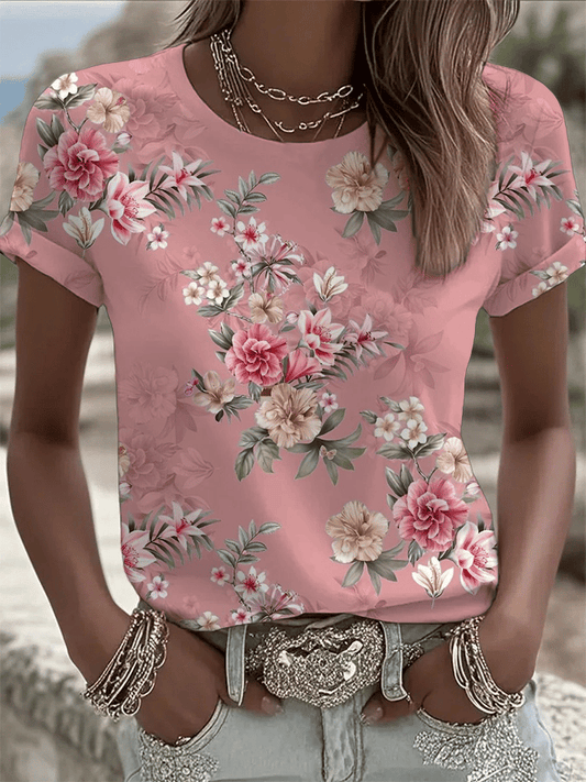 Women's Breast Cancer Awareness Floral Print Crew Neck T-Shirt