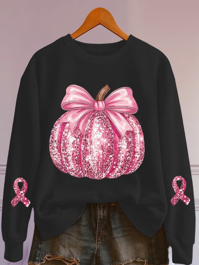 Women's Glitter Pumpkin Breast Cancer Print Sweatshirt