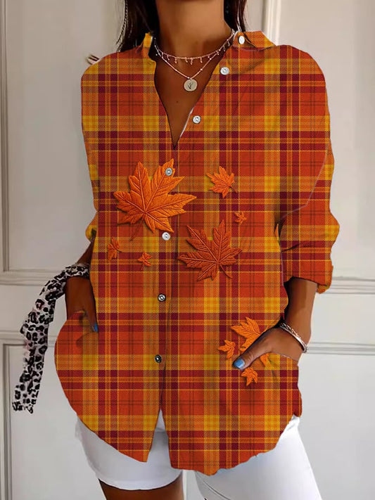 Women's Retro Autumn Maple Leaf Check Print Comfort Shirt