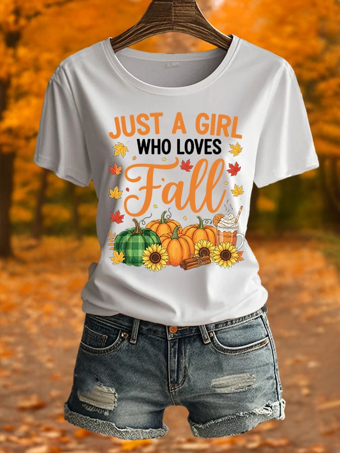 Just A Girl Who Loves Autumn Women'S Printed Round Neck T-Shirt