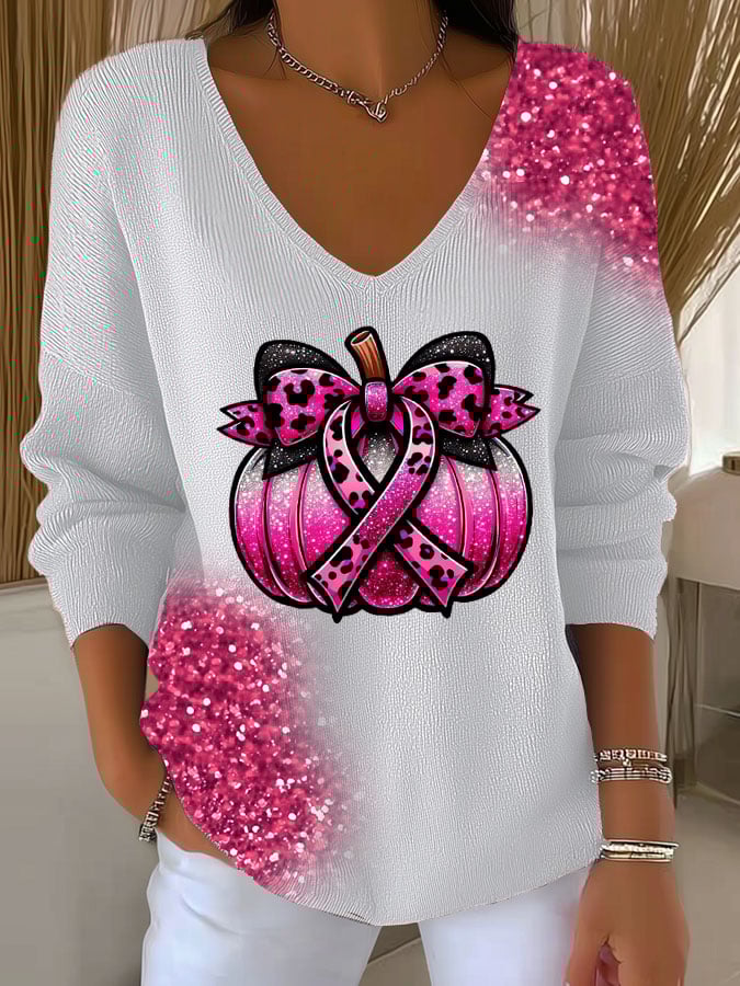 Women's Breast Cancer Sequin Pumpkin Print Casual Striped Fabric Long Sleeve T-Shirt
