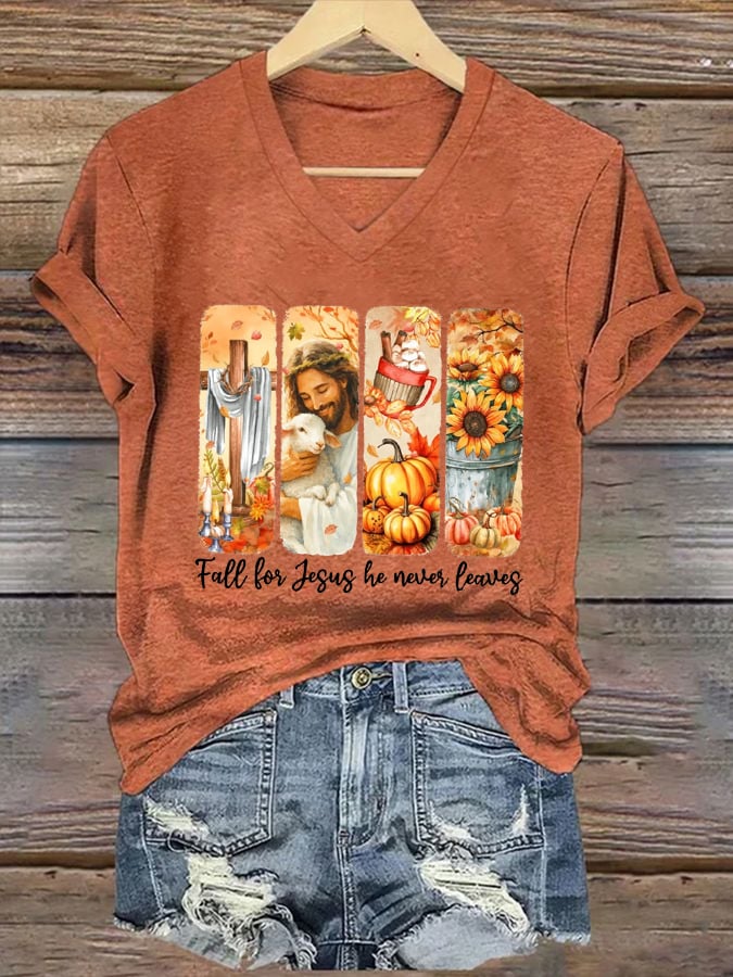 Women's Fall For Jesus He Never Leaves Print T-Shirt