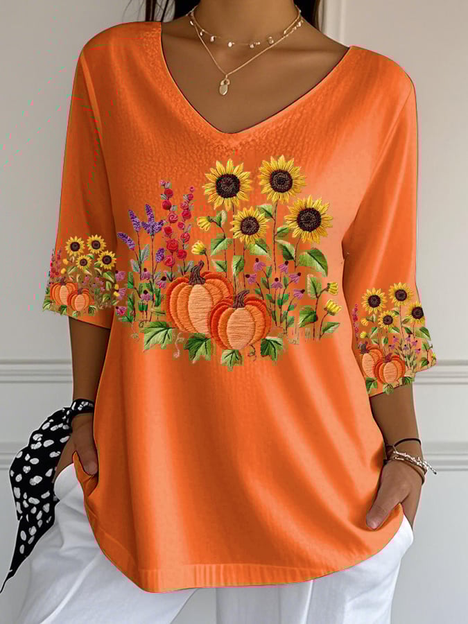 Women's Casual Pumpkin Bubble Ruffled Three-quarter Sleeve Top