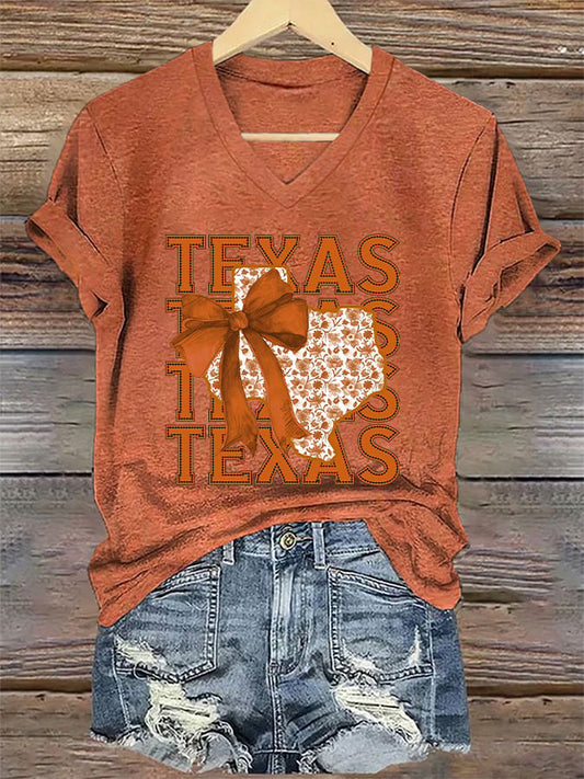 V-Neck Retro Burnt Orange Texas Coquette Bow Print T-Shirt