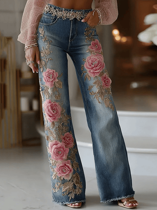 Women's Vintage Pink Rose Embroidery Art Jeans