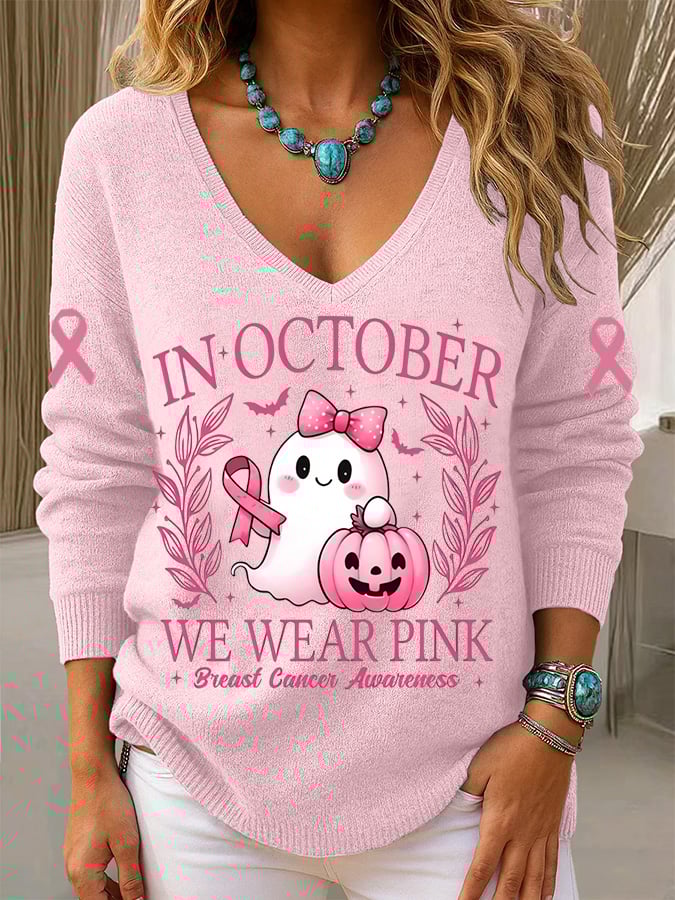 Women's Breast Cancer Awareness Print Long Sleeve Knit Top