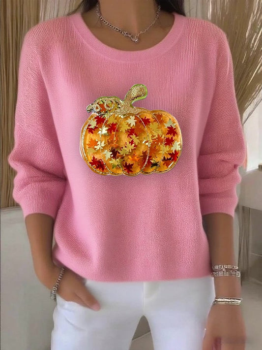 Women's Casual Maple Leaf Pumpkin Autumn Striped Round Neck Long Sleeve Top
