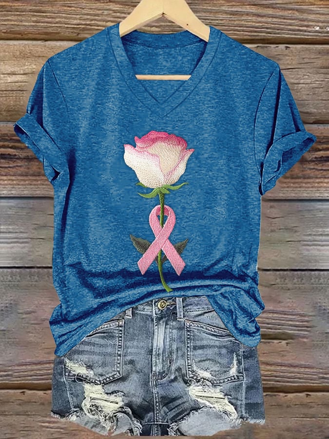 Women's embroidered pink floral print T-shirt