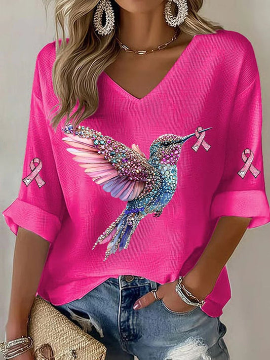 Women's Breast Cancer Hummingbird Print T-Shirt