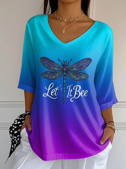 Women's Let It Bee Print Casual V-Neck T-Shirt